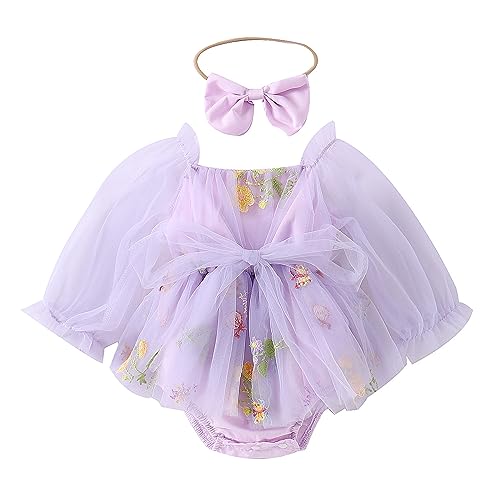 Image of ODASDO Newborn Baby Girl Romper Dress Flower Embroidery Tutu Princess Long Sleeve One-Piece Bodysuit Cake Smash Outfit
