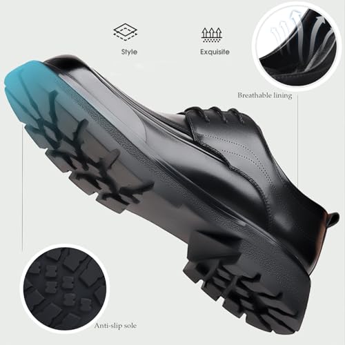 Men's Fashion Genuine Leather Wingtip Dress Oxford Shoes Retro Round Toe Comfortable Lug Sole Non-Slip Lace-Up Dress Shoes Business Work Shoes3