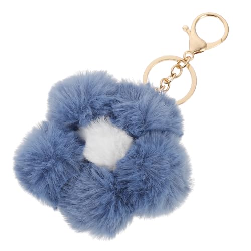 VILLCASE Llavero de Bola de Piel Sintética Pompón y Colgante de Flor, Color Azul Niebla, Accesorio para Bolso, Mochila y Llaves, Círculo de Llaves para Casa y Coche, Decoración Femenina