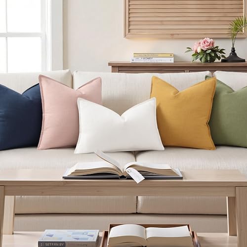 Image of decorUhome Decorative Linen Throw Pillow Covers 12x20 Inch Set of 2 Cream White Lumbar Pillow Covers with Flange Edges Soft Farmhouse Boho Accent Pillow Cases for Couch Bed Living Room