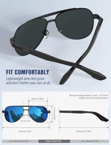 LUENX Sunglasses for Men Women Polarized Shades Driving UV 400 Protection Fashion 60mm -Mirror Blue Lens Black Metal Frame - Image 4