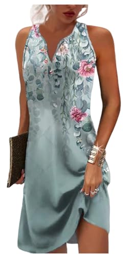 ROFUSSO Damen Sommerkleider Boho Strandkleid Lässig Ärmellos Tankkleid Elegant Bohemian Trägerkleid V-Ausschnitt Blumen Minikleid S-2XL