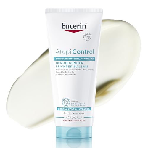 Eucerin AtopiControl Beruhigender Leichter Balsam 200 ml Basis Hautpflege bei trockener und atopischer Haut feuchtigkeitsspendende Körpercreme mit Ceramiden und Licochalcone A