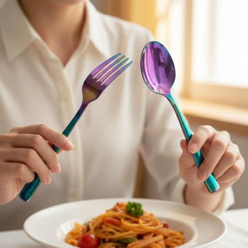 Image of 10 Pcs Rainbow Cutlery Set for Dining Table the Perfect Mirror Polish Hevy Duty Tableware Including Dinner Spoon, Dinner Fork, Dinner Knife, Dessert Spoon & Dessert Fork