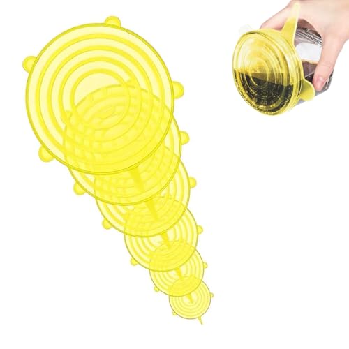 Tapas de Silicona, 6 Piezas de Tapas de Siliconas Estirable, Tapa Universal de 6 Tamaños Diferentes, Tapa Elástica Universal Redonda, para Conservación y Sellado, Amarillo