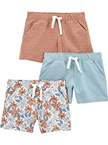 Carter's Simple Joys Girls' Knit Shorts Pack of 3 – Mocha, Blue & Floral (Size 7)