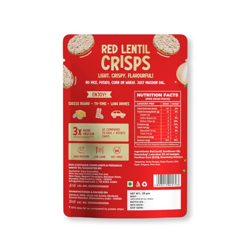 Image of Pink Harvest Farms Red Lentil Crisps - Garlic and Herb | Gluten-Free, High-Protein, Healthy Baked Chips | High Protein, Vegan Snack | No Rice, Potato, Corn, or Wheat (25g, Pack of 1)
