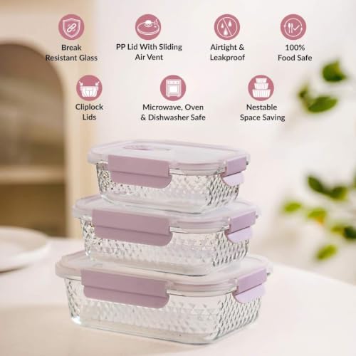 Image of Nestasia Glass Container with Lid for Kitchen Set of 3 (370ml, 660ml, 1L) - Airtight Diamond Embossed Food Container with Air Vent for Fridge Storage | Dishwasher, Microwave & Freezer Safe Container
