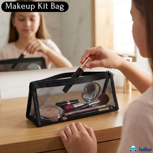 Image of FunBlast Mesh Pencil Case with Smooth Zipper, Single Layer Multi-Purpose Stationary & Pen Pouch for Boys & Girls, Transparent Stationary Bag, Organizer Pouch for Student (Black-C)