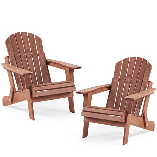 SoliWood Oversize Wooden Outdoor Folding Adirondack Chair Set of 2 with Pre-Assembled BackRest & SeatBoard, Wood Patio Chair for Garden Backyard Porch Pool Deck Firepit