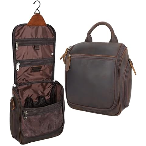 Masa Kawa Leather Hanging Travel Toiletry Bag for Men Portable Expandable Camping Cosmetics Makeup Toiletries Organizer Vintage Bathroom Shaving Kit Brown Wash Bags Cover