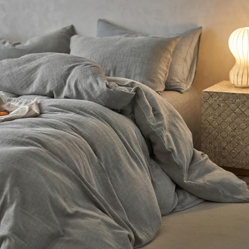 Image of EAVD Dark Grey Duvet Cover Full Soft Breathable 100% Muslin Cotton Gauze Bedding Set with 2 Pillowcases Modern Simple Solid Dark Grey Bedding Set with Zipper Closure