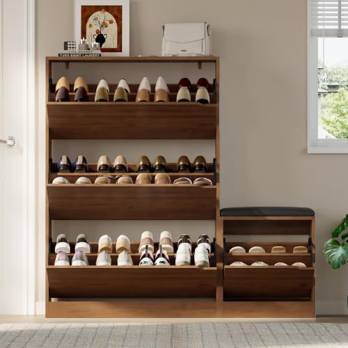 Image of BORNOON Shoe Cabinet with Bench and 3 Flip Drawers, Slim Narrow Shoe Storage Cabinet, Freestanding Shoe Rack Organizer with Adjustable & Removable Shelves, Anti-Tip for Entryway, Hallway, Foyer