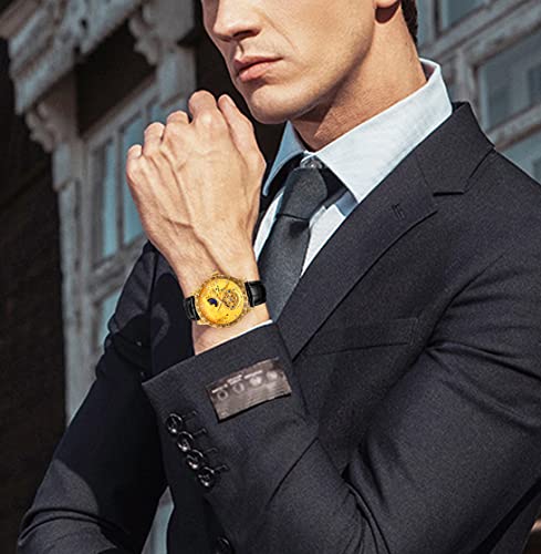 FORSINING Men's Watches Luxury Skeleton Moon Phase Automatic Self-Winding Watches with Genuine Leather Strap (Gold and Black) - Image 3