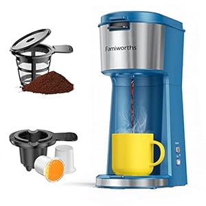Famiworths Single Serve Brewer for K Cup & Ground Coffee, With Bold Brew, One Cup Coffee Maker, 6 to 14 oz. Brew Sizes, Fits Travel Mug, Blue