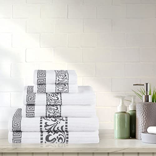 Superior Greek Pattern Decorative 6-Piece Towel Set, Absorbent Premium Cotton, Decor For Bathroom, Spa, Includes 2 Hand, 2 Face, And 2 Bath Towels, Home Essentials, Athens Collection, Grey #TOP1