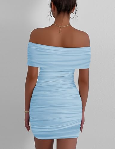 Image of Womens Off Shoulder Sleeveless Bodycon Dresses Ruched Solid Sexy Graduation Cocktail Party Mini Dresses