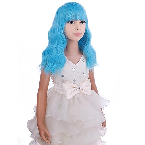 Image of PATTNIUM Blue Wig for Women Short Wavy Wig with Bangs Light Blue Wigs Heat Resistant Synthetic Hair Wigs