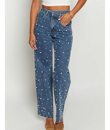 Sexyshine Women's High Waisted Pearl Jeans Beaded Baggy Straight Wide Leg Raw Edge Stretchy Denim Pants4