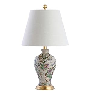 JONATHAN Y 24″ Multi-Colored/Gold French Country Ceramic Floral Urn Table Lamp, White Linen Shade, Chinoiserie Ginger Jar Bedside Lamp for Living Room Bedroom, LED Bulb JYL3009A