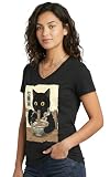 Cat Eating Ramen T-Shirt, Funny Kitty Gift Kawaii Japanese Anime Shirt for Women - (Vneck,M)