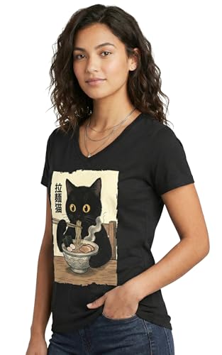 Cat Eating Ramen T-Shirt, Funny Kitty Gift Kawaii Japanese Anime Shirt for Women - (Vneck,M)