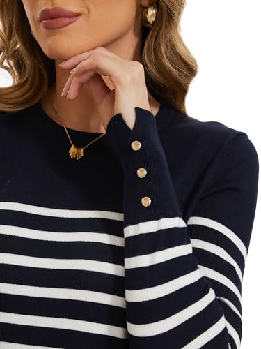 Image of Spicy Sandia Women's Long Sleeve Crewneck Sweaters Dressy Casual | Striped or Solid Available, Classic, Business Casual Tops for Office Work