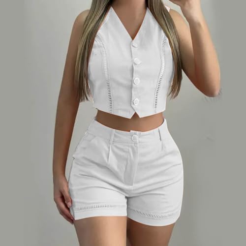 Womens 2 Piece Suits Set Button Down V Neck Vest Sleeveless Blazer Top and High Waist Pockets Shorts Trendy Outfits2