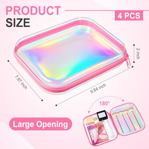 Image of Hoolerry 4 Pcs Hard Clear Zipper Case Makeup Bags Plastic Zipper Pouch Transparent Storage Box Containers for Cosmetics, Snacks, Building Blocks, Puzzles(Clear,9.8 x 7.9 x 2 in,Pink Laser)