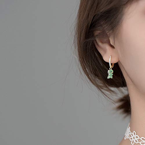 Cute Dinosaur Dangle Hoop Earrings S925 Sterling Silver Green Cubic Zirconia Crystal Lovely Animal Dangling Charm Drop Huggie Hoops Studs Earring Dainty Jewelry Gifts For Women Girls 18K Gold Plated (Yellow Gold) #TOP1