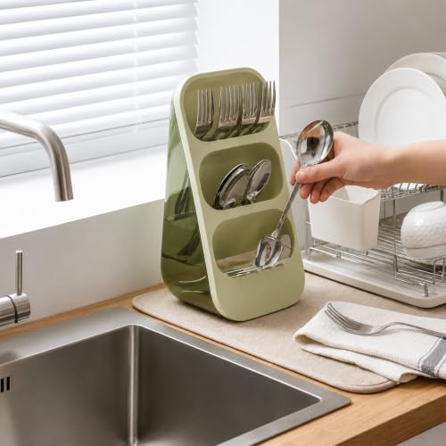 Image of KitchAntique Kitchen Utensil Holder with Drain Tray & Dustproof Cover | 3 Compartment Cutlery Organizer | Self Draining Countertop Storage Rack for Spoons Forks Chopsticks Kitchen Accessories (Green)