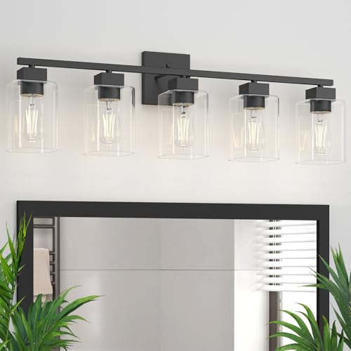 Image of 5 Light Bathroom Vanity Light - Matte Black Bathroom Light Fixtures Square Design & UL Certification, 31 Inch Black Bath Room Lighting Fixtures Over Mirror for Living Room & Bedroom & Restroom