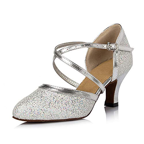Zapatos De Baile De Salón con Correa Cruzada para Mujer Dedo del Pie Cerrado Sandalias Latinas De Salsa Y Tango,Plata,EU39/US7/UK4 Cover