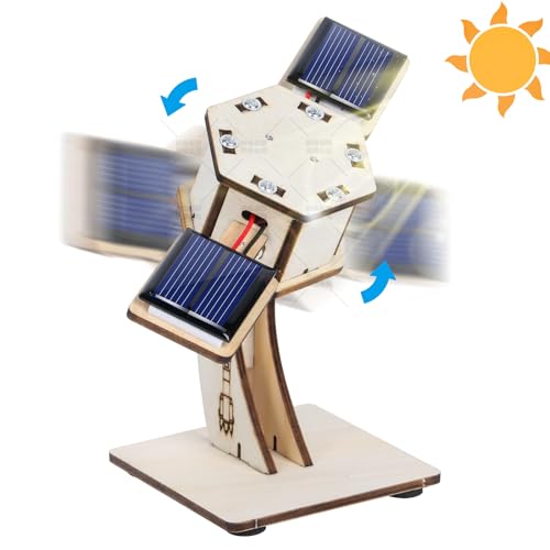 ソーラー工作キット 3D木製立体パズル(回転衛星DIY)|自由研究・実験用 STEM教育玩具|太陽エネルギー科学模型 8-12歳向け|小学生男女共用 知育おもちゃ・組立建築キット