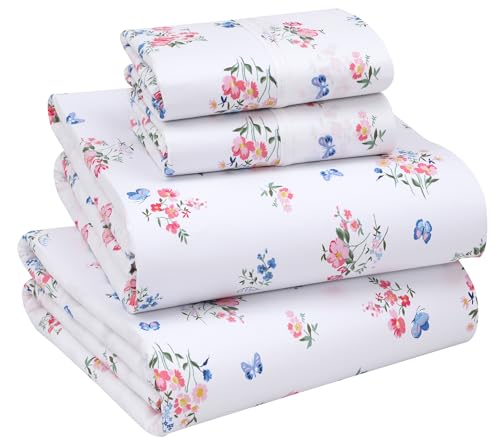 RUVANTI 100% Cotton California King Sheet Sets, 4 Pieces, Soft & Breathable Percale Weave Bedding, Deep Pocket 14", Hotel Standard, Crisp Cool Feel & Durable, Perfect Floral Sheets, Funa Flora