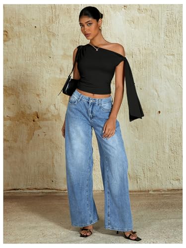 Milumia Women's Ruched One Off The Shoulder Tank Tops Asymmetrical Neck Tie Shoulder Going Out Top4