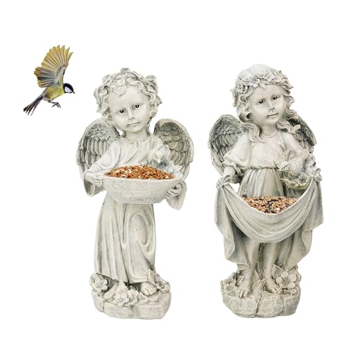 KrcaJeo Angel Statue Bird Feeder Boy and Girl 11.7”H Angel Garden Decor for Outdoor Garden Statues for Yard and Garden Gifts for Women Set of 2