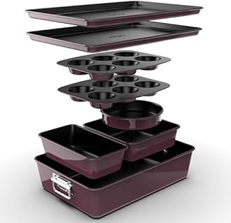 NutriChef Non-Stick Bakeware Set 8-Piece, Stackable Oven-Safe Baking Trays, Cookie Sheet, Loaf, Muffin, Pizza, Round, Square Cake Pans, Space-Saving Kitchen Bakeware