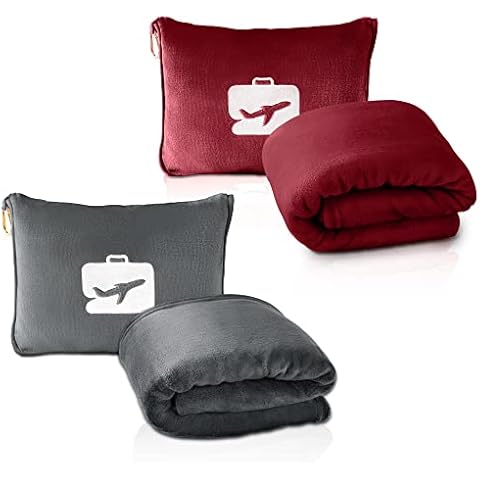 EverSnug Travel Friendly Blanket and Pillow Bundle – Airplane Travel Essentials with Soft Bag Pillowcase for Women & Kids | Color Includes Burgundy & Grey Cover