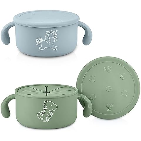 TQONEP Silicone Bowls for Toddlers,2 Pack Toddler Snack Bowls,Silicone Bowls with Handle and No Spill, Dust-Proof Silicone Lid,BPA Free & Dishwasher Safe Cover