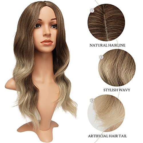 Feshfen Long Brown Blonde Balayage Wigs For Women 22 Inch Curly Wavy Highlights Full Wig Middle Parting Wigs Natural Looking Synthetic Wig For Daily Party #TOP4