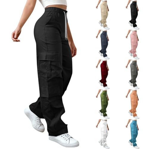 Cargo Pants Women High Waist Wide Leg Casual Baggy Elastic Drawstring Outdoor Hiking Track Pant Pockets Sweatpants