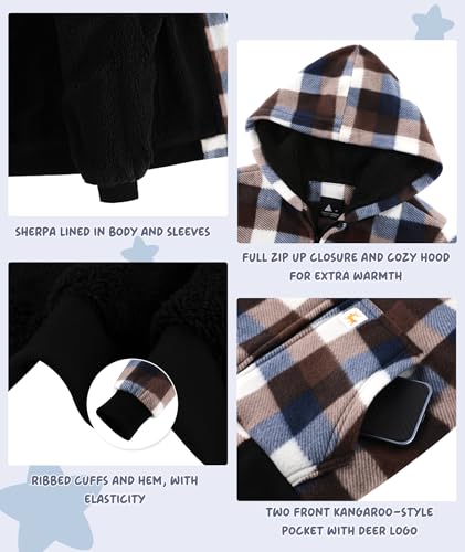 Image of V VALANCH Boys Flannel Jacket Hooded Fleece Lined Zip-up Hoodies Plaid Coat for Kids