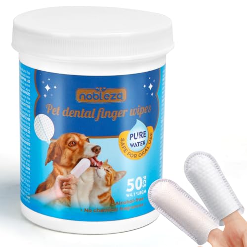 Nobleza Almohadillas de Limpieza de Dientes para Perro y Gato, 50pcs Toallitas de Higiene para Perros, Eliminación Eficaz del Sarro, No Irritante, Tooth Finger Wipes Pure Water W4.1*L8CM White Pink