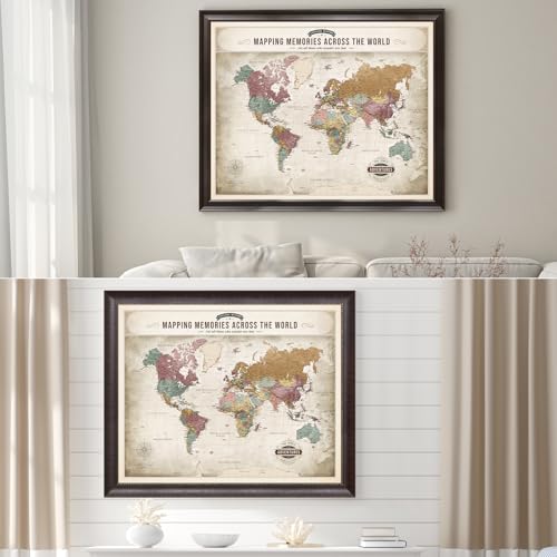 Image of DECORARTS - Personalized World Travel Map with Pins, Custom Name, Pin Board Canvas Wall Art, Soft Vintage Pastel World Decor, Optional Wood Frame, Giclee Print, Handcrafted in USA, 30x24''