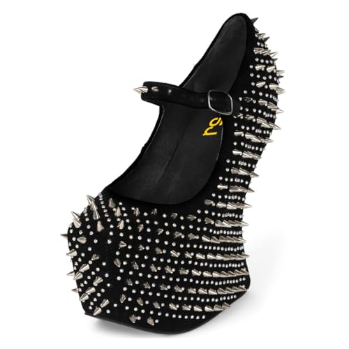FSJ Women Spikes Wedge Heel Pumps Rivet Studded Covered Ultra High Platform Closed Round Toe Ankle Strap Shoes for Sexy Party Events Size 4-16 US