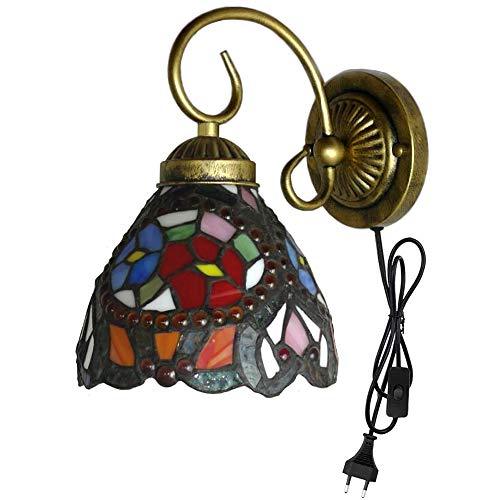 Image of Kiven Tiffany Wall lamp E26 1-Light Plug-in Bulb not Included Wall Sconce Glass Shade 6 Foot Black Cord(BD0519)