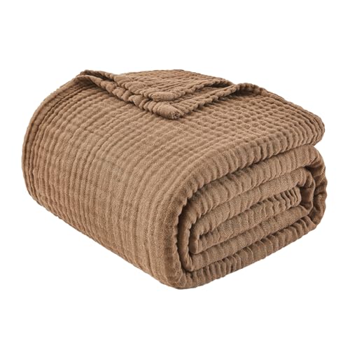 EMME Cotton Muslin King Blanket Bed Layering Breathable Gauze Blanket Soft Lightweight Blankets Adults (Brown, 108"x90")