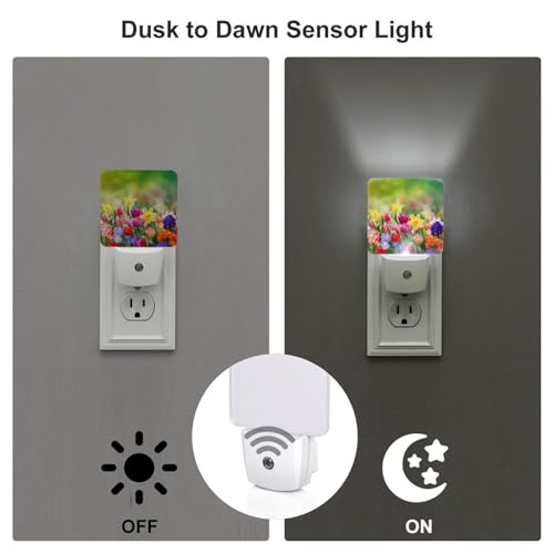 Image of Summer Colorful Flowers Night Light Set of 2, Spring Floral Auto Sensor LED Dusk-to-Dawn Nightlights, Plug-in Sensor Lamp for Bedroom Bathroom Kitchen Hallway Stairs Decorative