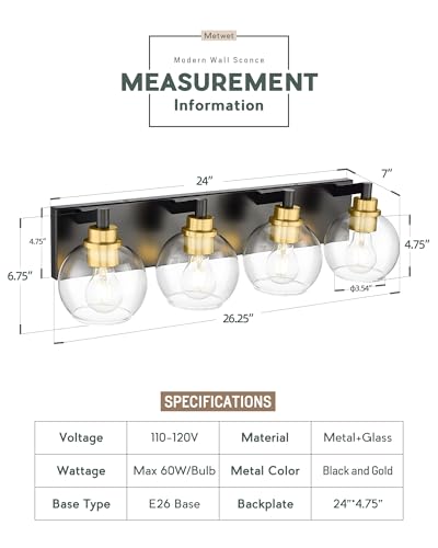 Image of Bathroom Light Fixtures, 4-Light Black and Gold Bathroom Vanity Light, 26 Inch Modern Wall Sconces with Globe Clear Glass Shade, Vanity Lighting Fixtures Over Mirror, VL195-KG-4